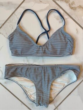Xhilaration Navy and White Striped Strappy Bikini Set, Top XS, Bottoms S